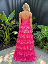 Tulle Sequin Off Shoulder Sweetheart Tiered Prom Dresses A-Line Ruched Corset Maxi Evening Party Ball Gowns with Lace Embroidery