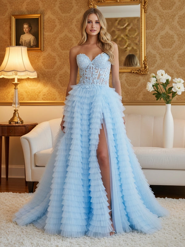 Tulle Strapless Sweetheart Tiered Prom Dresses High Slit A-Line Ruched Corset Maxi Evening Party Ball Gowns with Floral Lace Appliques