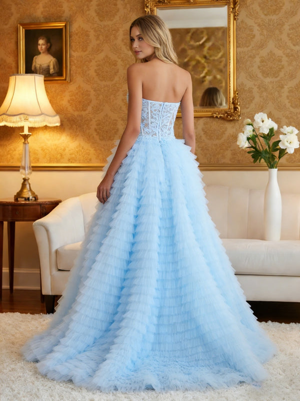 Tulle Strapless Sweetheart Tiered Prom Dresses High Slit A-Line Ruched Corset Maxi Evening Party Ball Gowns with Floral Lace Appliques
