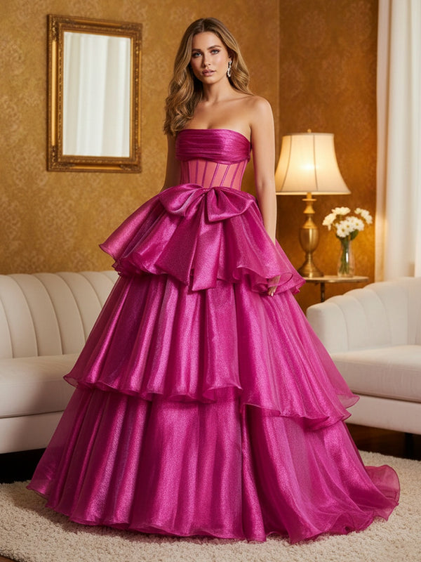 Metallic Organza Strapless Tiered Ruffles Prom Dresses A-Line Ruched Corset Maxi Evening Party Ball Gowns with Bow