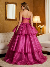 Metallic Organza Strapless Tiered Ruffles Prom Dresses A-Line Ruched Corset Maxi Evening Party Ball Gowns with Bow