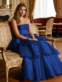 Metallic Organza Strapless Tiered Ruffles Prom Dresses A-Line Ruched Corset Maxi Evening Party Ball Gowns with Bow