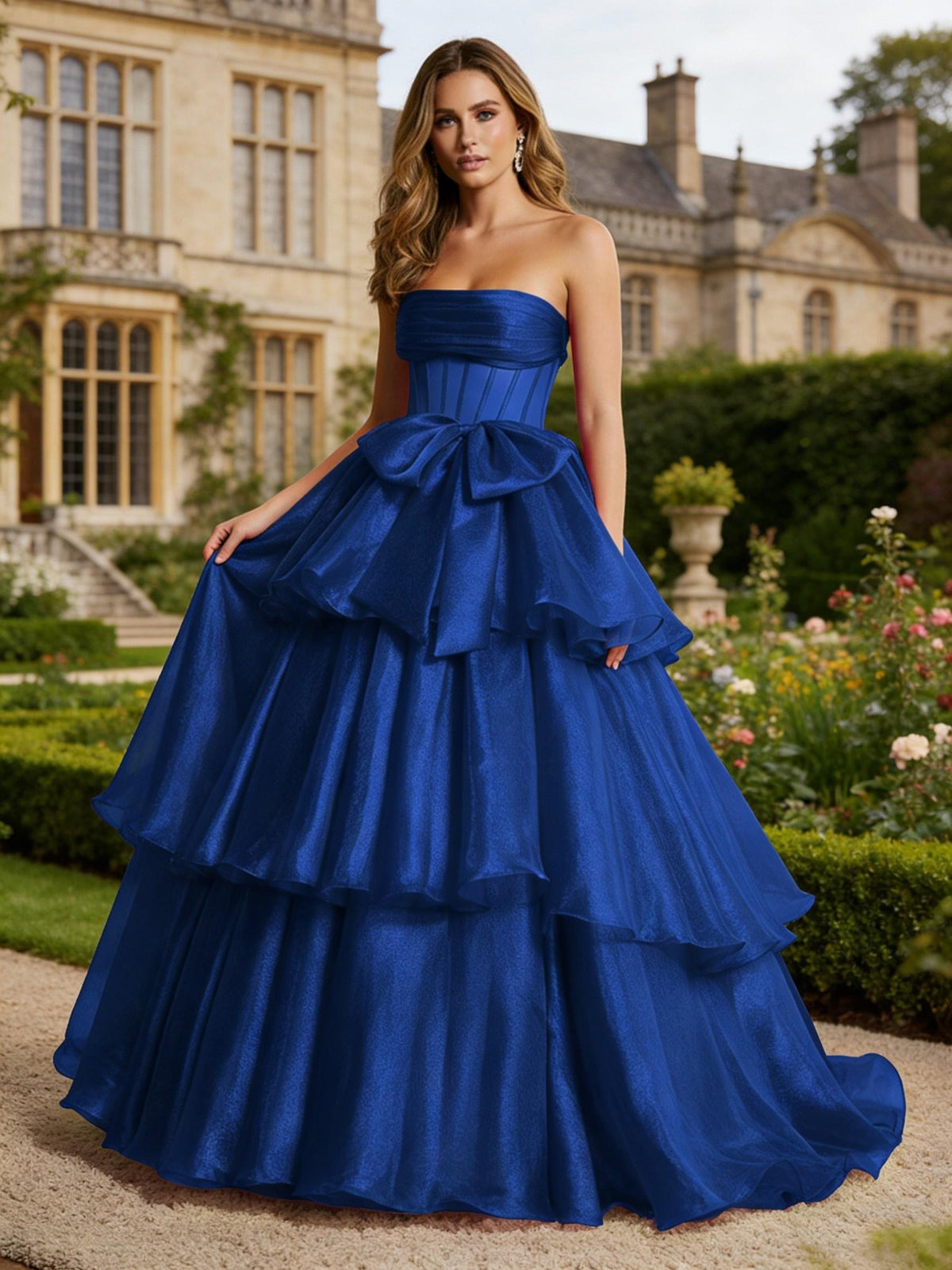 Metallic Organza Strapless Tiered Ruffles Prom Dresses A-Line Ruched Corset Maxi Evening Party Ball Gowns with Bow