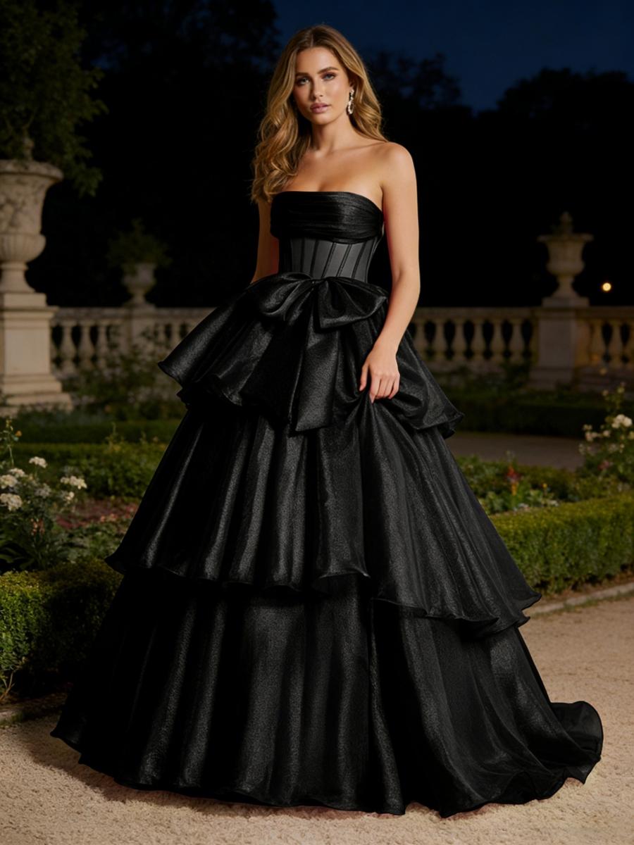 Metallic Organza Strapless Tiered Ruffles Prom Dresses A-Line Ruched Corset Maxi Evening Party Ball Gowns with Bow