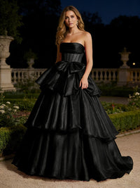 Metallic Organza Strapless Tiered Ruffles Prom Dresses A-Line Ruched Corset Maxi Evening Party Ball Gowns with Bow