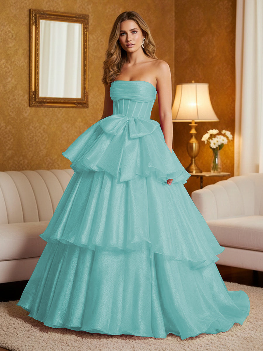 Metallic Organza Strapless Tiered Ruffles Prom Dresses A-Line Ruched Corset Maxi Evening Party Ball Gowns with Bow