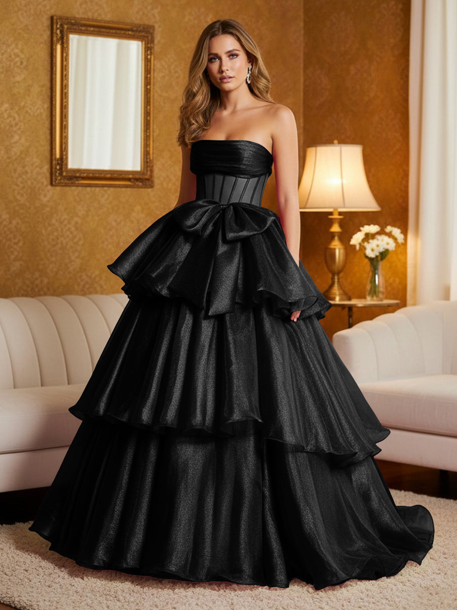 Metallic Organza Strapless Tiered Ruffles Prom Dresses A-Line Ruched Corset Maxi Evening Party Ball Gowns with Bow