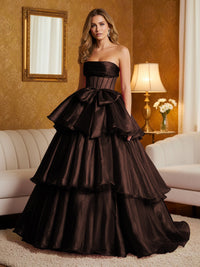 Metallic Organza Strapless Tiered Ruffles Prom Dresses A-Line Ruched Corset Maxi Evening Party Ball Gowns with Bow