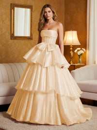 Metallic Organza Strapless Tiered Ruffles Prom Dresses A-Line Ruched Corset Maxi Evening Party Ball Gowns with Bow