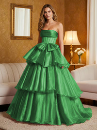 Metallic Organza Strapless Tiered Ruffles Prom Dresses A-Line Ruched Corset Maxi Evening Party Ball Gowns with Bow