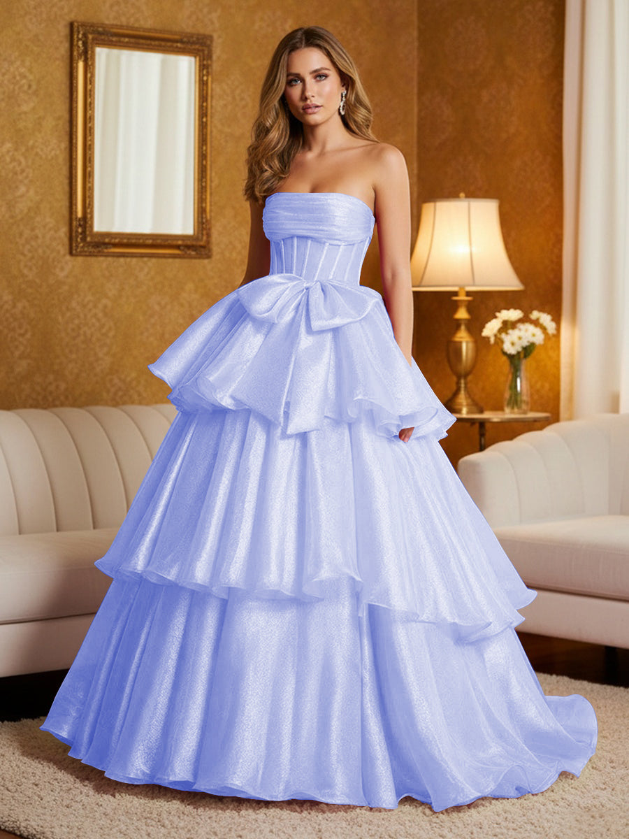Metallic Organza Strapless Tiered Ruffles Prom Dresses A-Line Ruched Corset Maxi Evening Party Ball Gowns with Bow