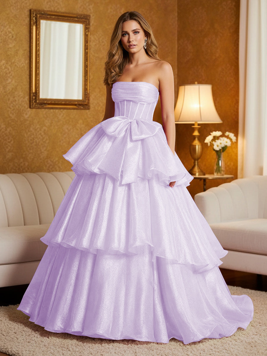 Metallic Organza Strapless Tiered Ruffles Prom Dresses A-Line Ruched Corset Maxi Evening Party Ball Gowns with Bow