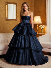 Metallic Organza Strapless Tiered Ruffles Prom Dresses A-Line Ruched Corset Maxi Evening Party Ball Gowns with Bow