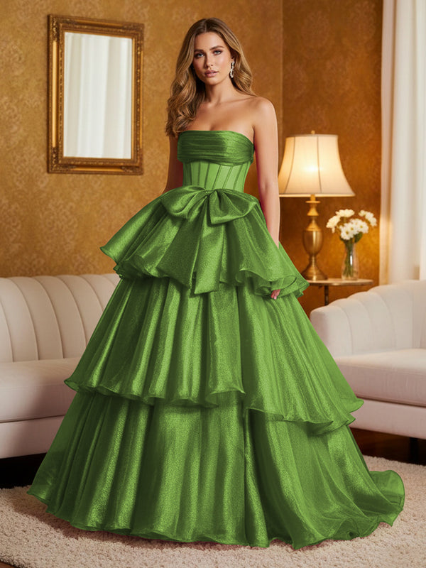 Metallic Organza Strapless Tiered Ruffles Prom Dresses A-Line Ruched Corset Maxi Evening Party Ball Gowns with Bow
