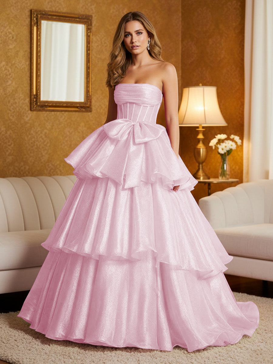 Shirees Pink Metallic Organza Strapless Tiered Ruffles Prom Dresses A-Line Ruched Corset Maxi Evening Party Ball Gowns with Bow 2026