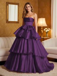 Metallic Organza Strapless Tiered Ruffles Prom Dresses A-Line Ruched Corset Maxi Evening Party Ball Gowns with Bow