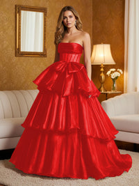 Metallic Organza Strapless Tiered Ruffles Prom Dresses A-Line Ruched Corset Maxi Evening Party Ball Gowns with Bow