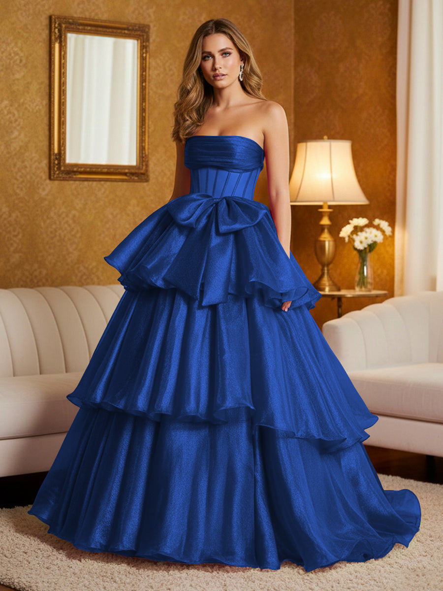 Metallic Organza Strapless Tiered Ruffles Prom Dresses A-Line Ruched Corset Maxi Evening Party Ball Gowns with Bow