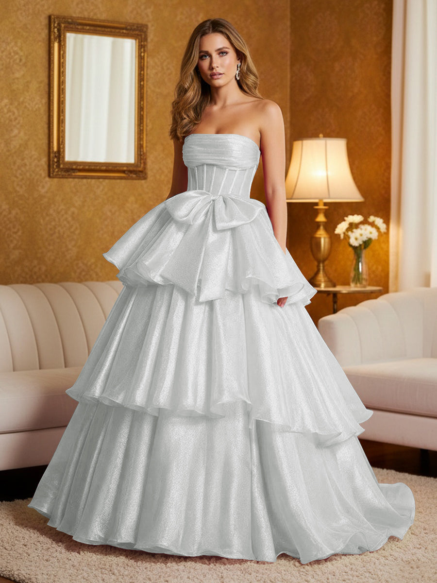 Metallic Organza Strapless Tiered Ruffles Prom Dresses A-Line Ruched Corset Maxi Evening Party Ball Gowns with Bow
