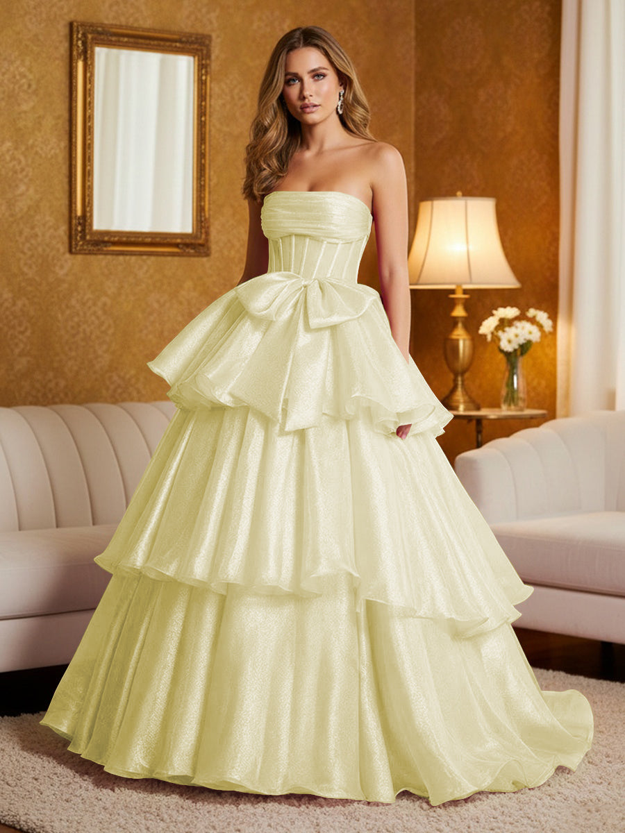 Metallic Organza Strapless Tiered Ruffles Prom Dresses A-Line Ruched Corset Maxi Evening Party Ball Gowns with Bow