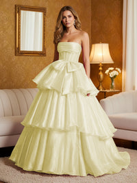 Metallic Organza Strapless Tiered Ruffles Prom Dresses A-Line Ruched Corset Maxi Evening Party Ball Gowns with Bow