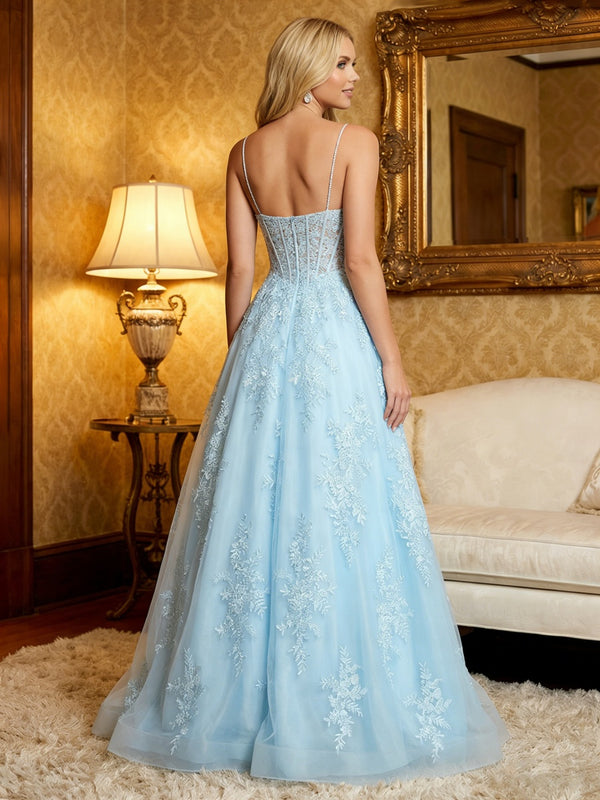 Tulle Spaghetti Straps Sweetheart Prom Dresses A-Line Ruched Corset Maxi Evening Party Ball Gowns with 3D Floral Lace Appliques