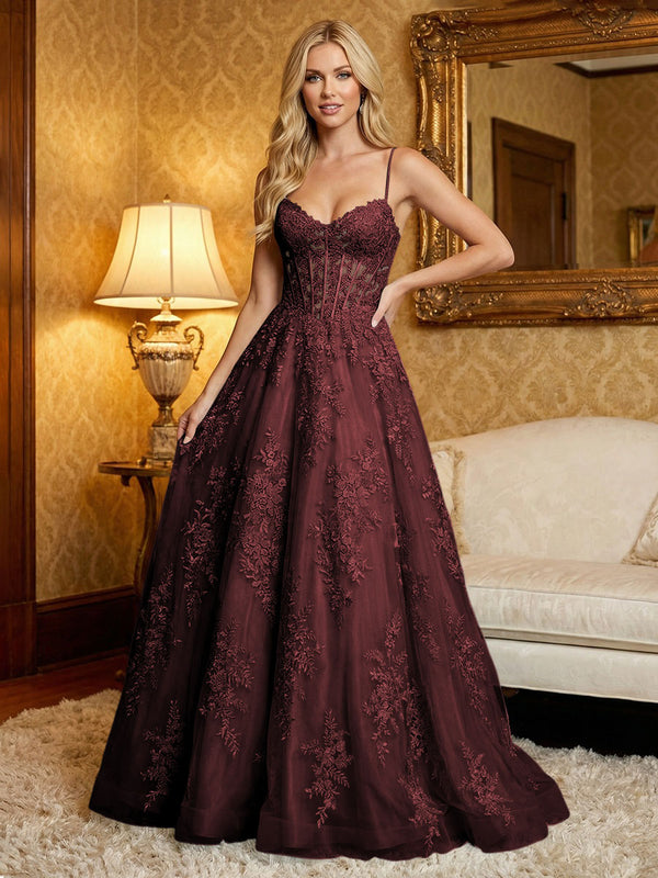 Tulle Spaghetti Straps Sweetheart Prom Dresses A-Line Ruched Corset Maxi Evening Party Ball Gowns with 3D Floral Lace Appliques