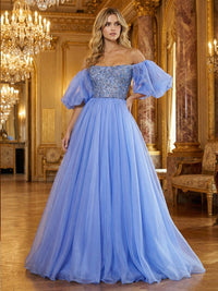 Organza Off Shoulder Puff Sleeves Prom Dresses A-Line Pleated Corset Maxi Ball Gowns with Rhinestones