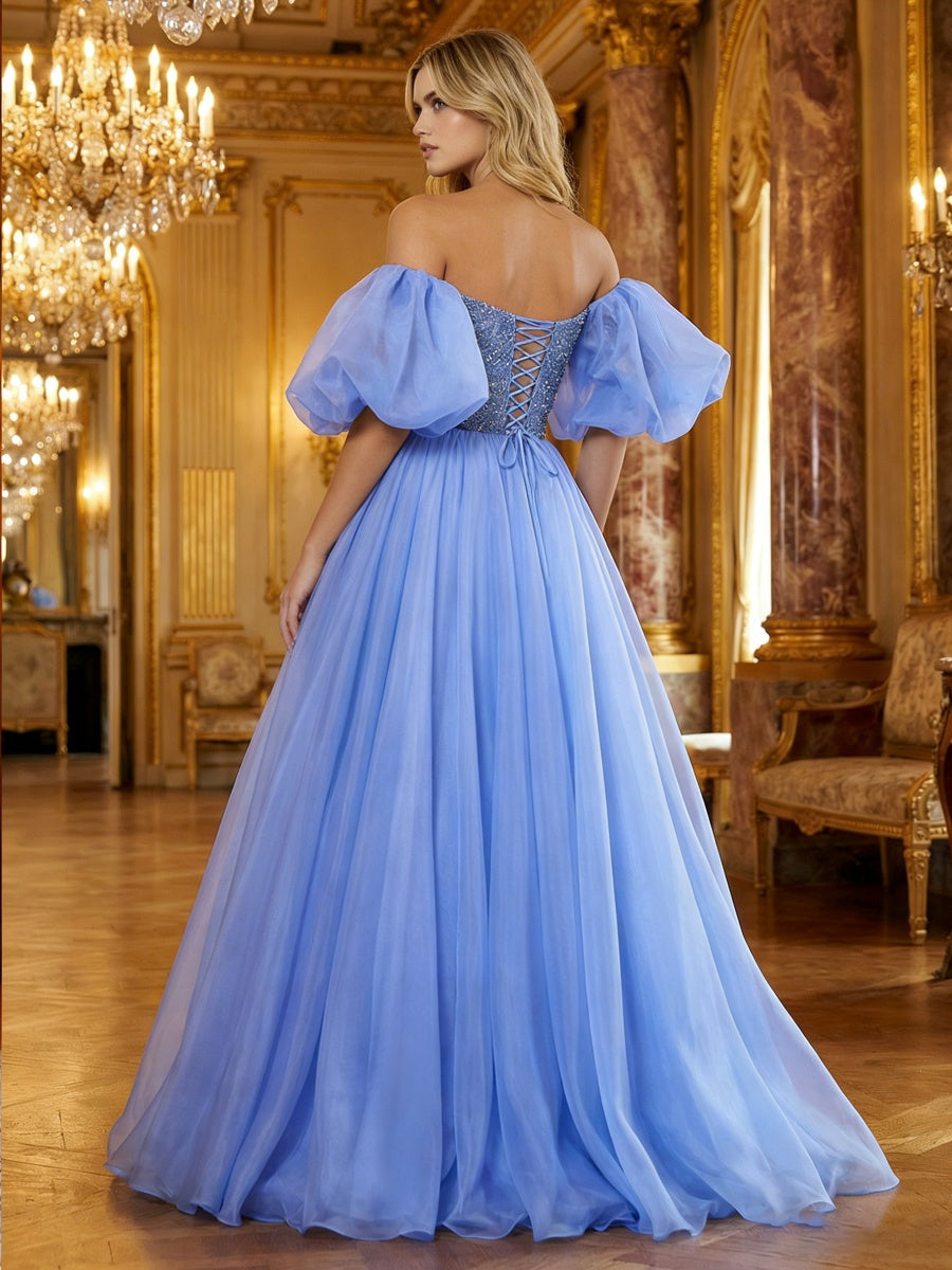 Organza Off Shoulder Puff Sleeves Prom Dresses A-Line Pleated Corset Maxi Ball Gowns with Rhinestones