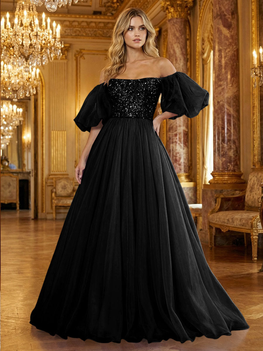 Organza Off Shoulder Puff Sleeves Prom Dresses A-Line Pleated Corset Maxi Ball Gowns with Rhinestones