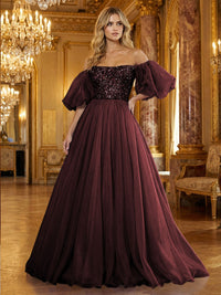 Organza Off Shoulder Puff Sleeves Prom Dresses A-Line Pleated Corset Maxi Ball Gowns with Rhinestones
