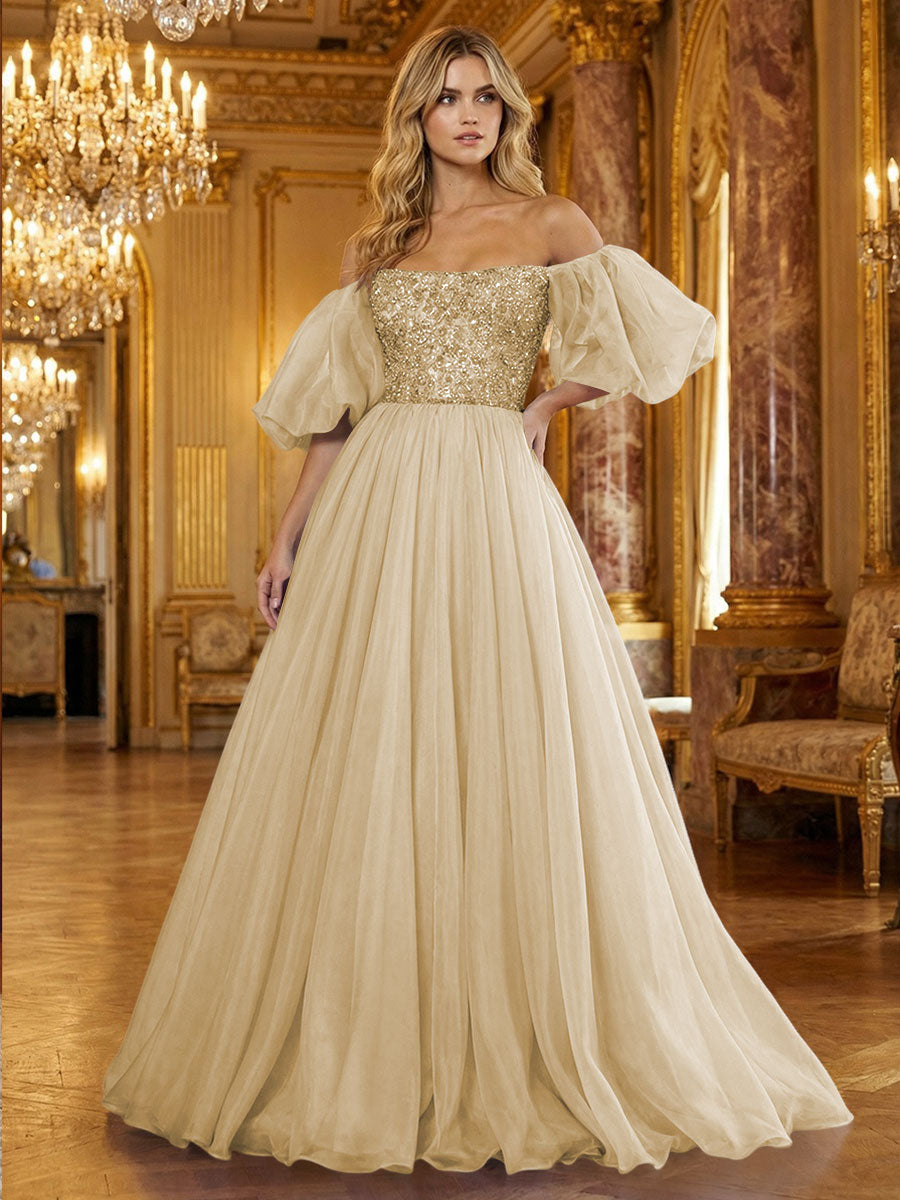 Organza Off Shoulder Puff Sleeves Prom Dresses A-Line Pleated Corset Maxi Ball Gowns with Rhinestones