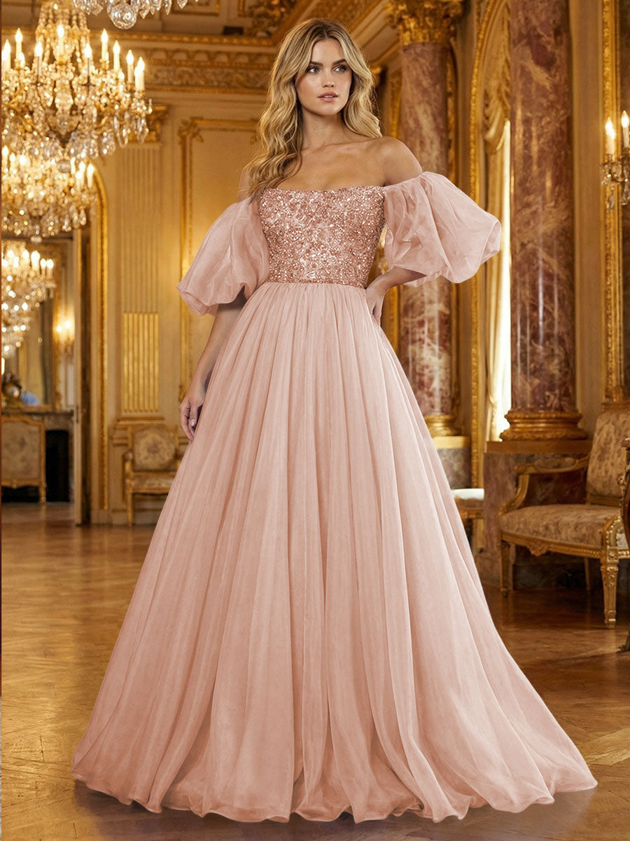 Organza Off Shoulder Puff Sleeves Prom Dresses A-Line Pleated Corset Maxi Ball Gowns with Rhinestones