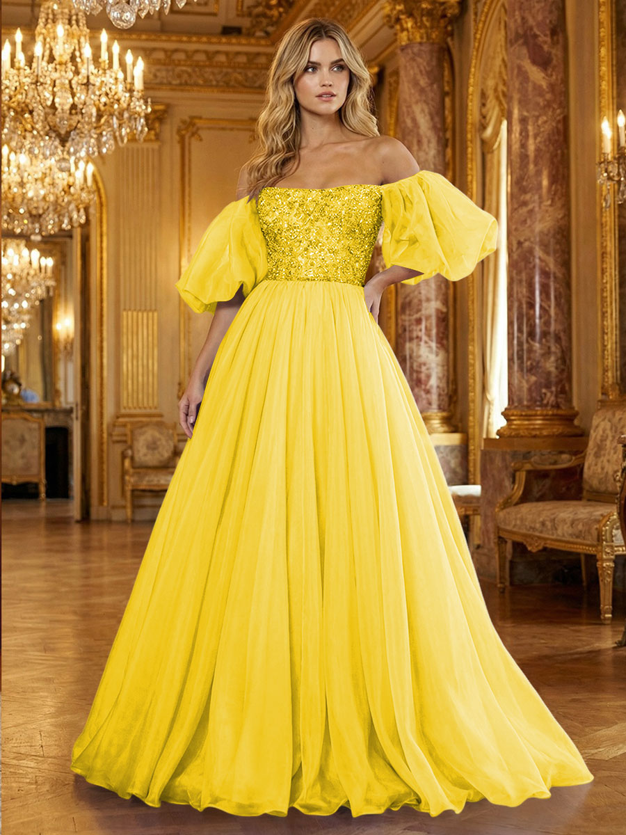 Organza Off Shoulder Puff Sleeves Prom Dresses A-Line Pleated Corset Maxi Ball Gowns with Rhinestones
