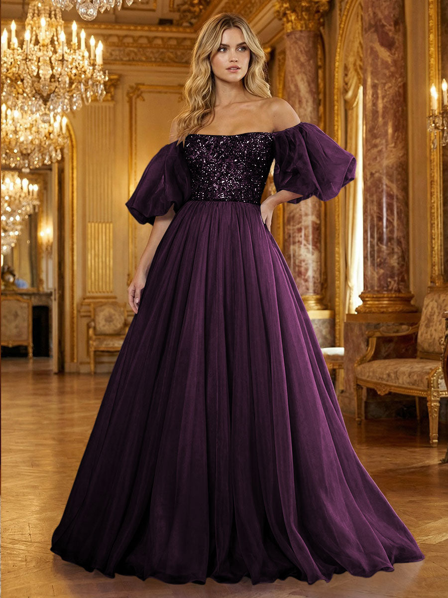 Organza Off Shoulder Puff Sleeves Prom Dresses A-Line Pleated Corset Maxi Ball Gowns with Rhinestones