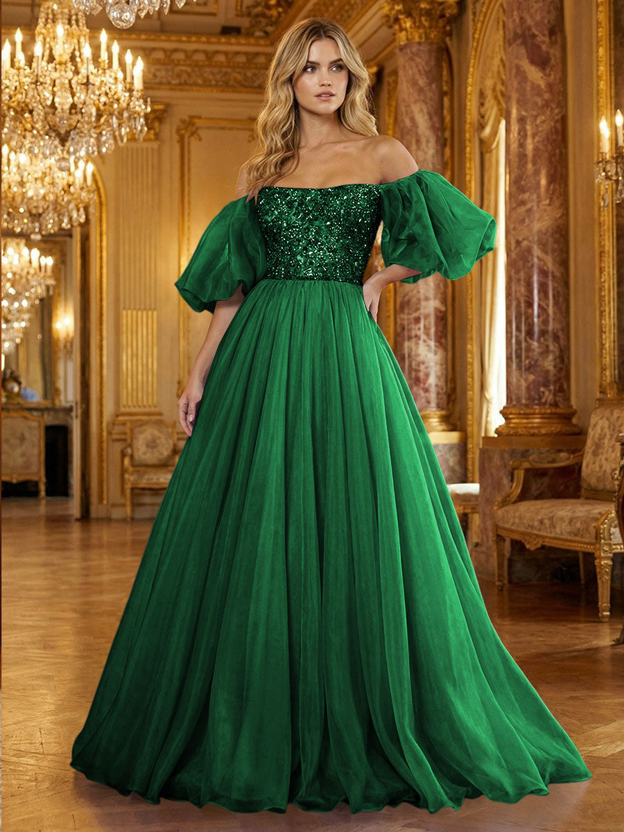 Organza Off Shoulder Puff Sleeves Prom Dresses A-Line Pleated Corset Maxi Ball Gowns with Rhinestones