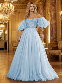 Organza Off Shoulder Puff Sleeves Prom Dresses A-Line Pleated Corset Maxi Ball Gowns with Rhinestones