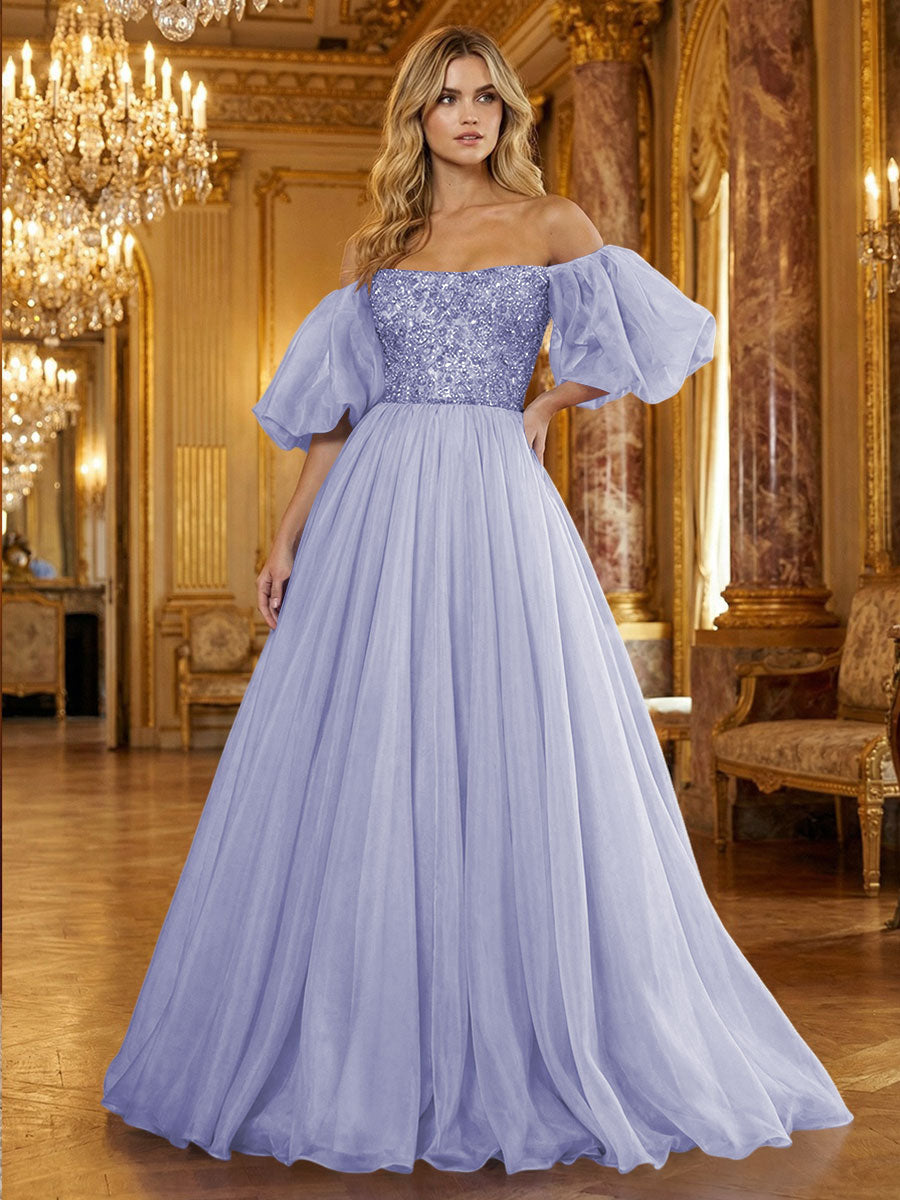 Organza Off Shoulder Puff Sleeves Prom Dresses A-Line Pleated Corset Maxi Ball Gowns with Rhinestones