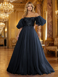 Organza Off Shoulder Puff Sleeves Prom Dresses A-Line Pleated Corset Maxi Ball Gowns with Rhinestones