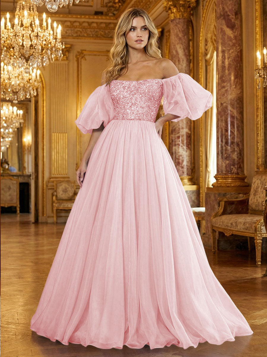 Organza Off Shoulder Puff Sleeves Prom Dresses A-Line Pleated Corset Maxi Ball Gowns with Rhinestones