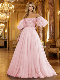 Organza Off Shoulder Puff Sleeves Prom Dresses A-Line Pleated Corset Maxi Ball Gowns with Rhinestones