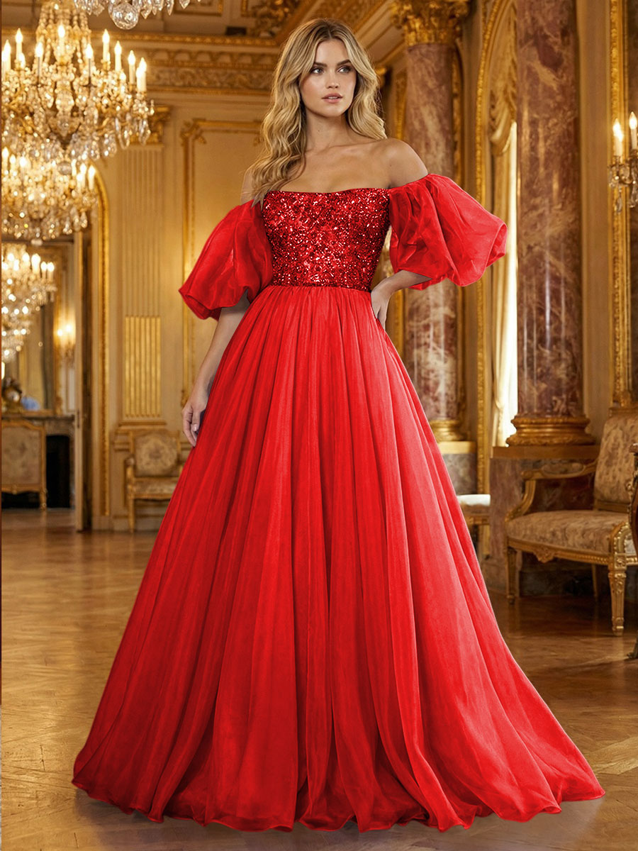 Organza Off Shoulder Puff Sleeves Prom Dresses A-Line Pleated Corset Maxi Ball Gowns with Rhinestones