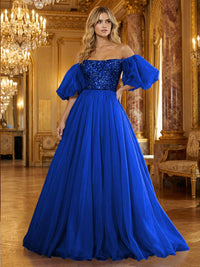 Organza Off Shoulder Puff Sleeves Prom Dresses A-Line Pleated Corset Maxi Ball Gowns with Rhinestones