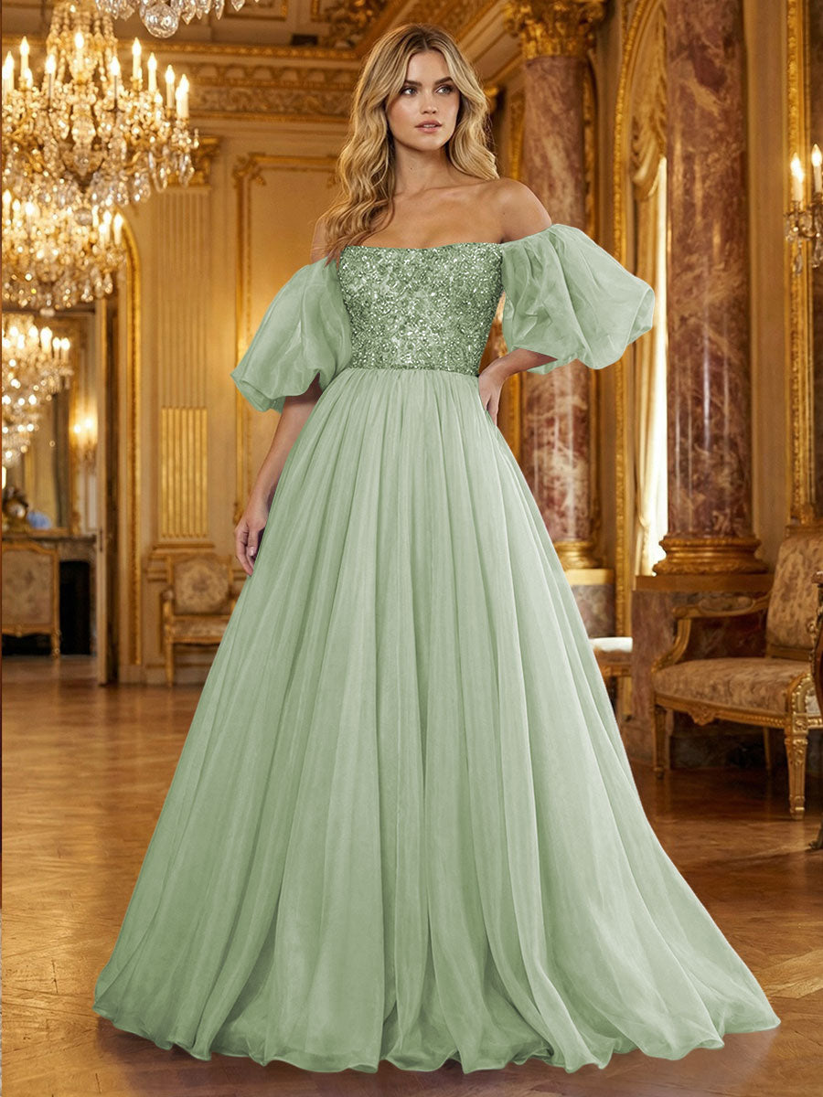 Organza Off Shoulder Puff Sleeves Prom Dresses A-Line Pleated Corset Maxi Ball Gowns with Rhinestones