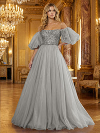 Organza Off Shoulder Puff Sleeves Prom Dresses A-Line Pleated Corset Maxi Ball Gowns with Rhinestones