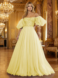 Organza Off Shoulder Puff Sleeves Prom Dresses A-Line Pleated Corset Maxi Ball Gowns with Rhinestones