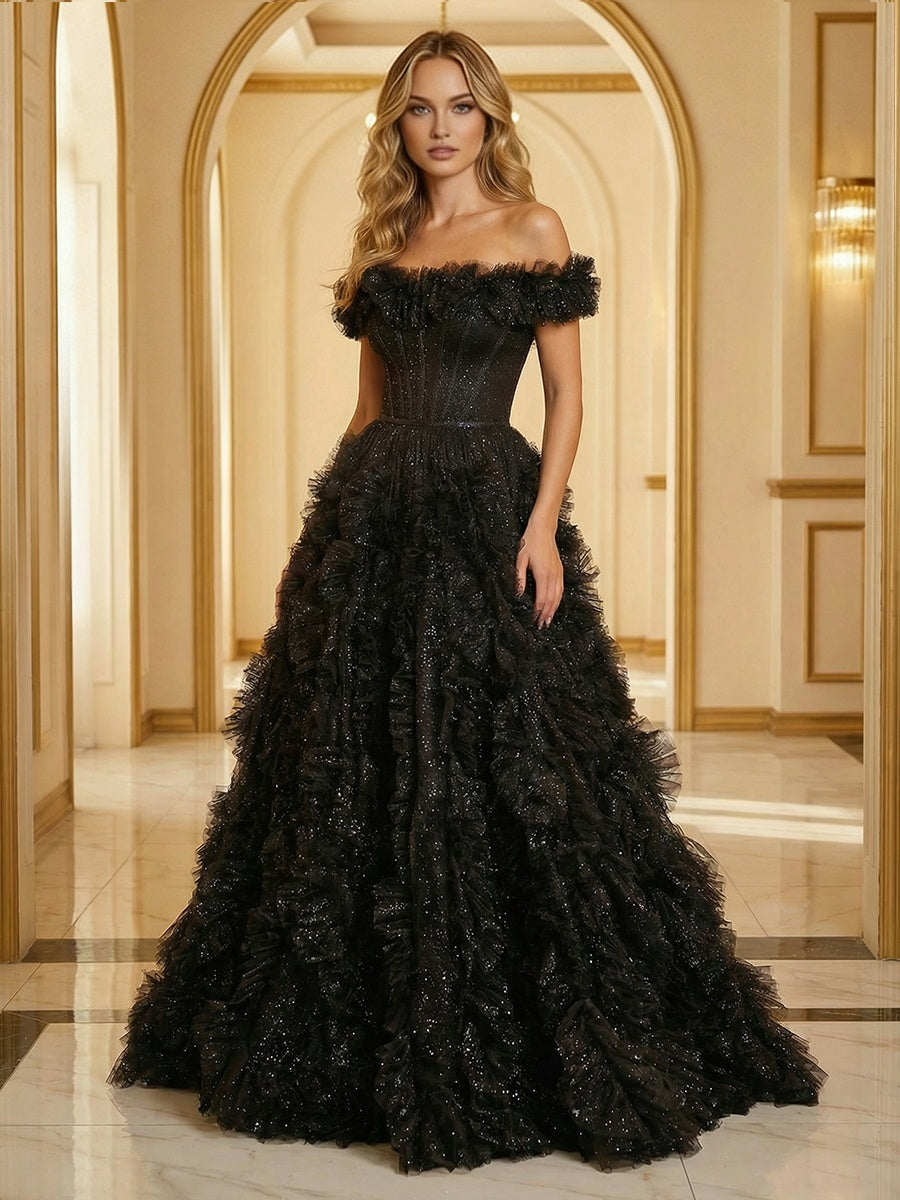 Glitter Tulle Off Shoulder Tiered Ruffles Evening Dresses A-Line Ruched Corset Maxi Ball Gowns with Cathedral Train