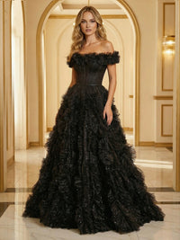 Glitter Tulle Off Shoulder Tiered Ruffles Evening Dresses A-Line Ruched Corset Maxi Ball Gowns with Cathedral Train