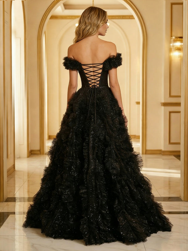 Glitter Tulle Off Shoulder Tiered Ruffles Evening Dresses A-Line Ruched Corset Maxi Ball Gowns with Cathedral Train