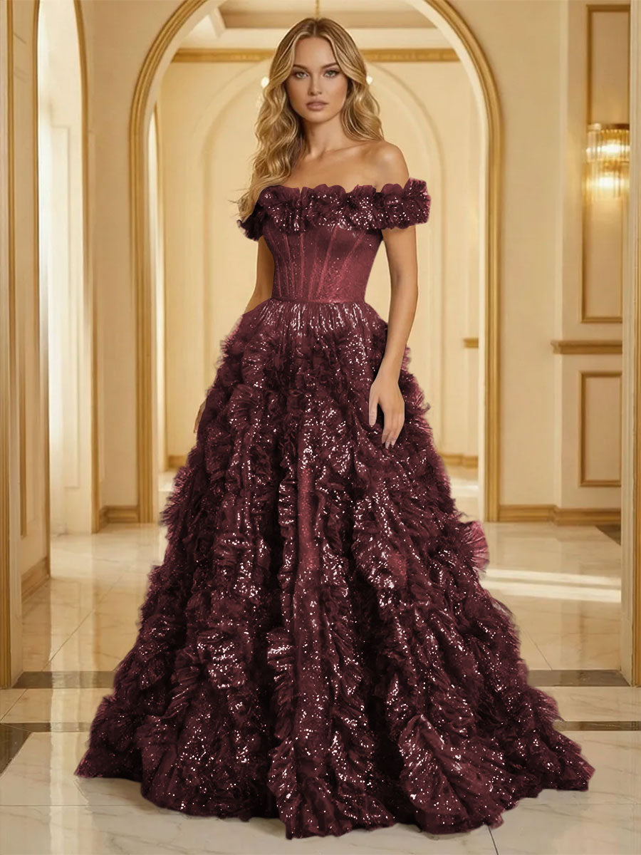 Glitter Tulle Off Shoulder Tiered Ruffles Evening Dresses A-Line Ruched Corset Maxi Ball Gowns with Cathedral Train